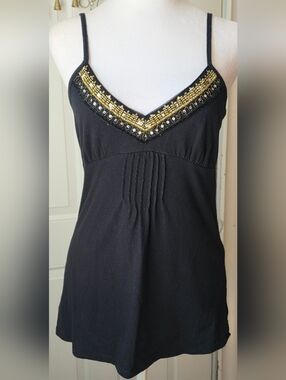 Y2K Vintg FANG Empire Babydoll Tank Womens L Black Gold Sequin Neckline Cotton